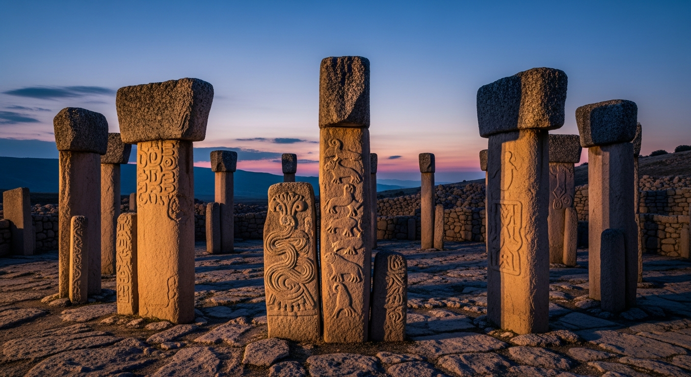 Göbeklitepe carvings A wide-angle view of the ancient stone pillars at Göbeklitepe under a twilight sky, highlighting detailed carvings and the mysterious ambiance of the site.