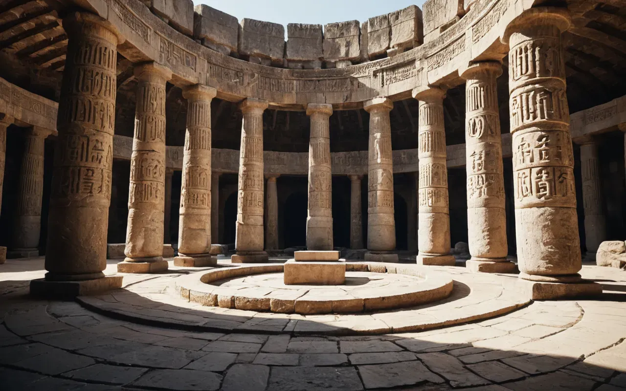 t shaped stone pillars A wide photo-realistic view of massive T-shaped limestone pillars arranged in an oval circle. The stones are tall and carved with rough animal reliefs near the top. Soft morning light casts long shadows across a barren neutral landscape. No text or people visible.
