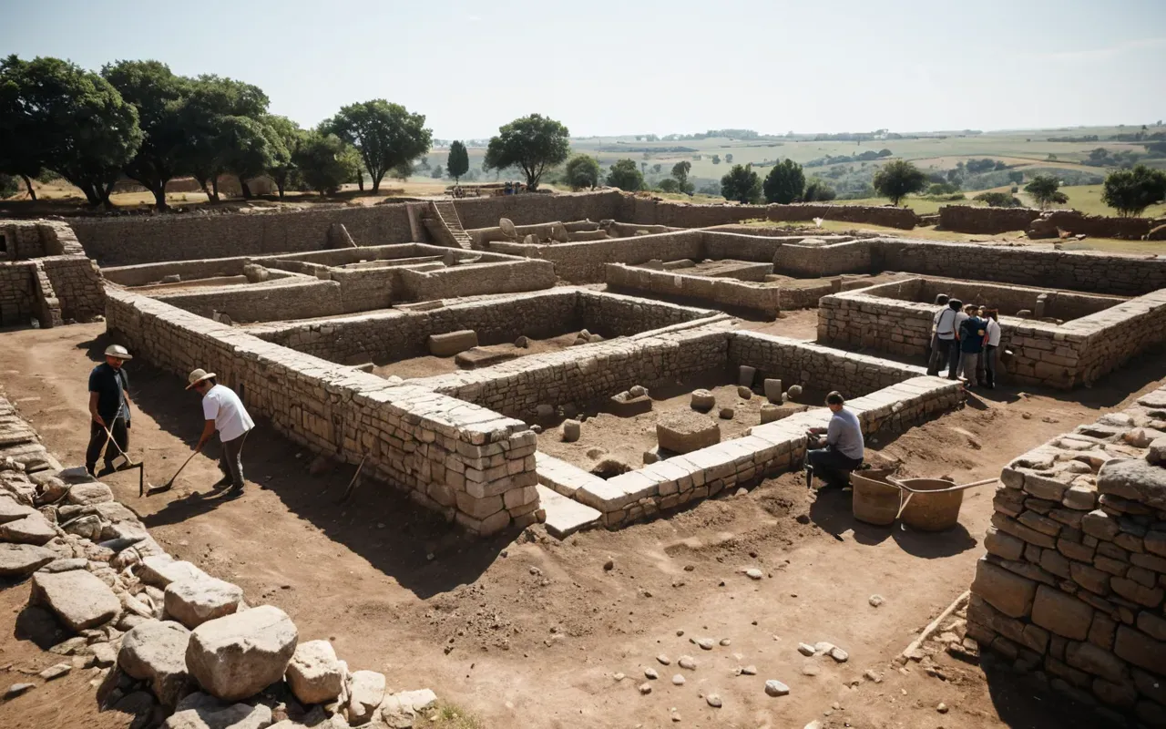 A wide shot of a modern archaeological excavation site with researchers carefully brushing dirt off ancient stone structures, sunny day, clear blue sky, realistic style