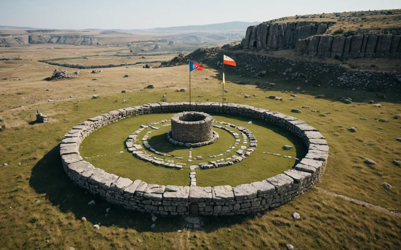 gobeklitepe hilltop Aerial drone shot of a rocky hilltop archaeological site with T-shaped stone pillars arranged in circles, surrounded by dry grassland and distant mountains, bright daylight, high contrast