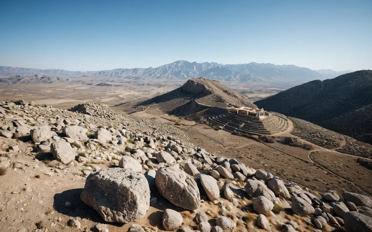 Aerial view of a rocky hilltop in an arid landscape with scattered limestone boulders and distant mountains under a clear blue sky, photorealistic style