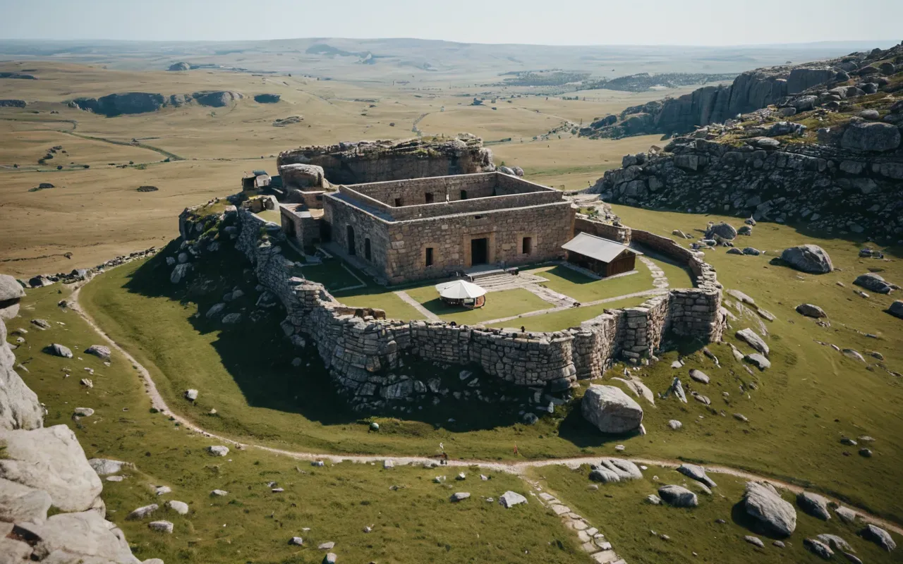 Aerial view of a rocky hilltop sanctuary surrounded by open plains with stone structures visible near modern visitor facilities under bright daylight