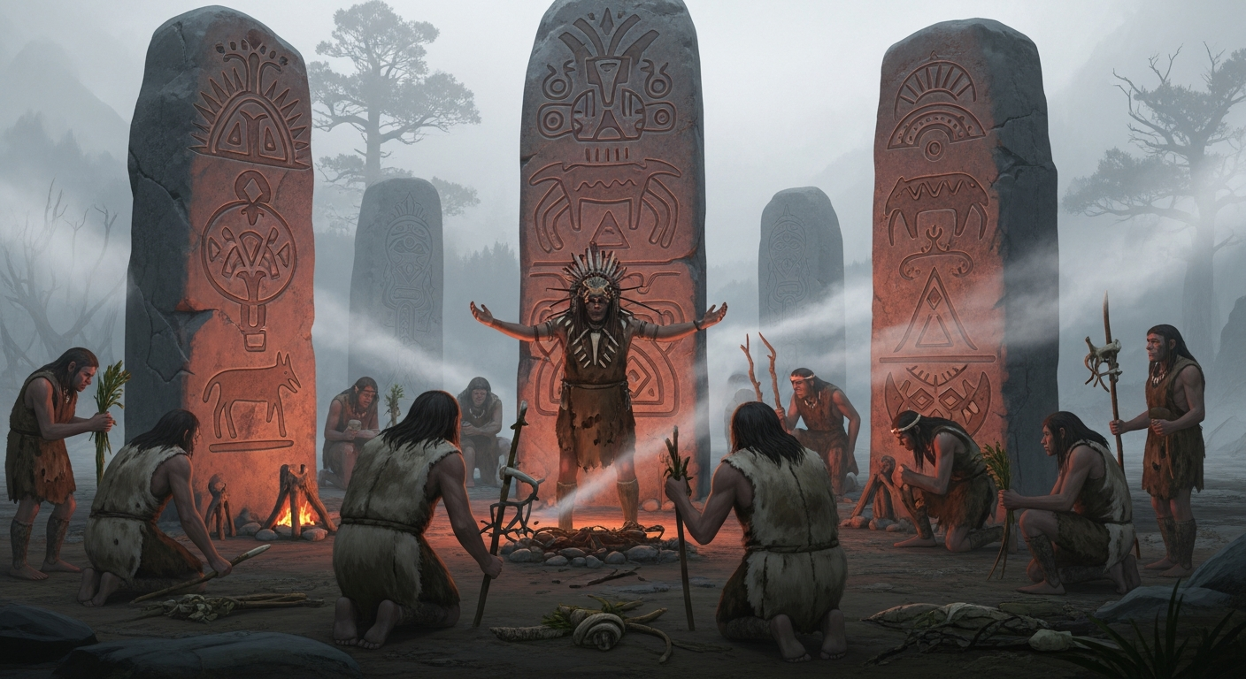 An artistic rendering of prehistoric humans gathered around engraved stone pillars, engaging in ritualistic ceremonies in a misty, atmospheric landscape reminiscent of early spiritual practices.