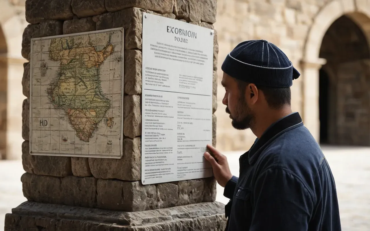 Close-up detail shot of visitor reading informational placard near reconstructed stone pillar base with blurred background showing open excavation area and distant mountains