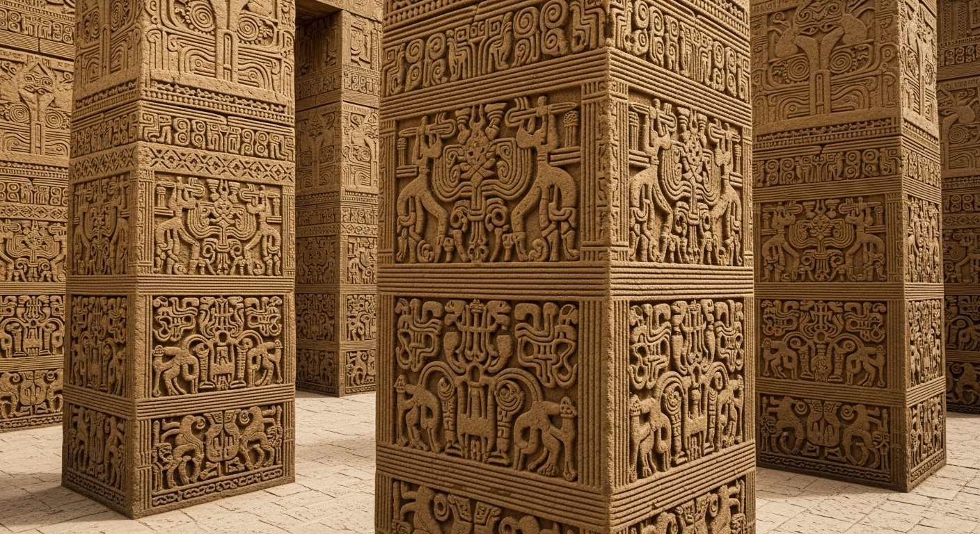 stone pillars craftsmanship Close-up image of ancient stone pillars with intricate carvings and precise joints, showing craftsmanship and alignment in a prehistoric archaeological site