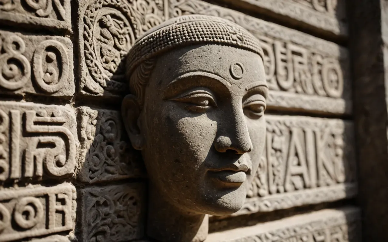 göbeklitepe turkey Close-up of a carved stone surface with a faint human face relief, soft diffused lighting, neutral tones, archaeological setting