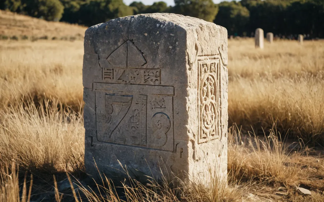 Close-up of a weathered T-shaped limestone pillar with carved animal reliefs standing in dry grass under bright sunlight, realistic archaeological site photography