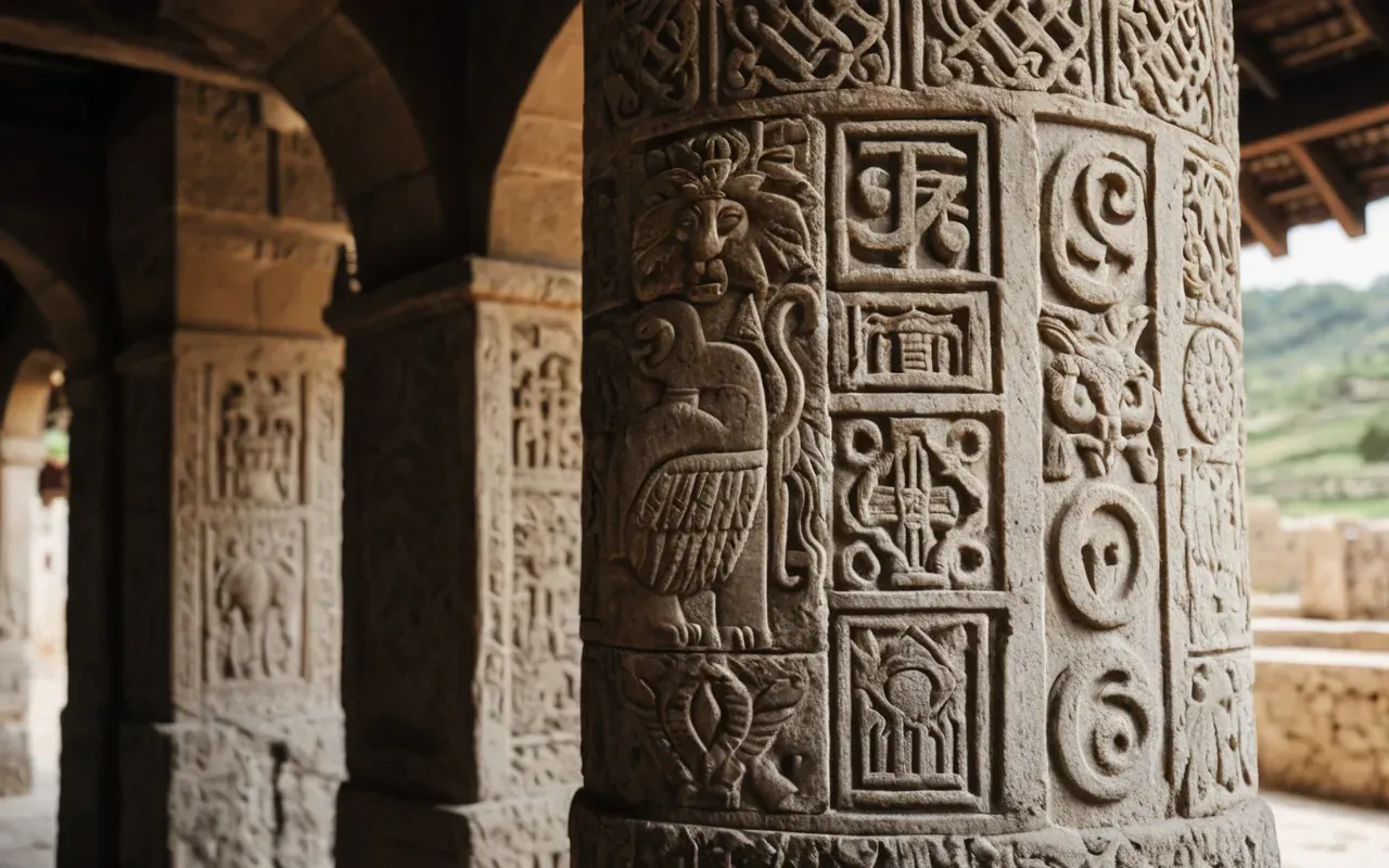 T-shaped pillars Close-up of a weathered T-shaped limestone pillar with carved animal reliefs, soft natural lighting, detailed texture of stone surface, shallow depth of field