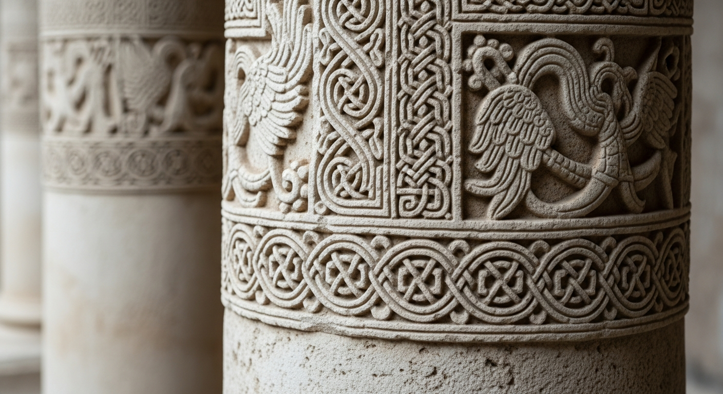 ancient carved stone pillars Close-up of ancient carved stone pillars with detailed relief work, showing signs of precise shaping and tool marks, set in an archaeology exhibit style to highlight ancient craftsmanship