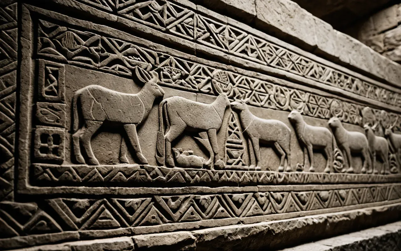 Close-up of ancient stone carvings depicting stylized animals and geometric patterns on rough limestone texture, high contrast lighting, detailed archaeological photography