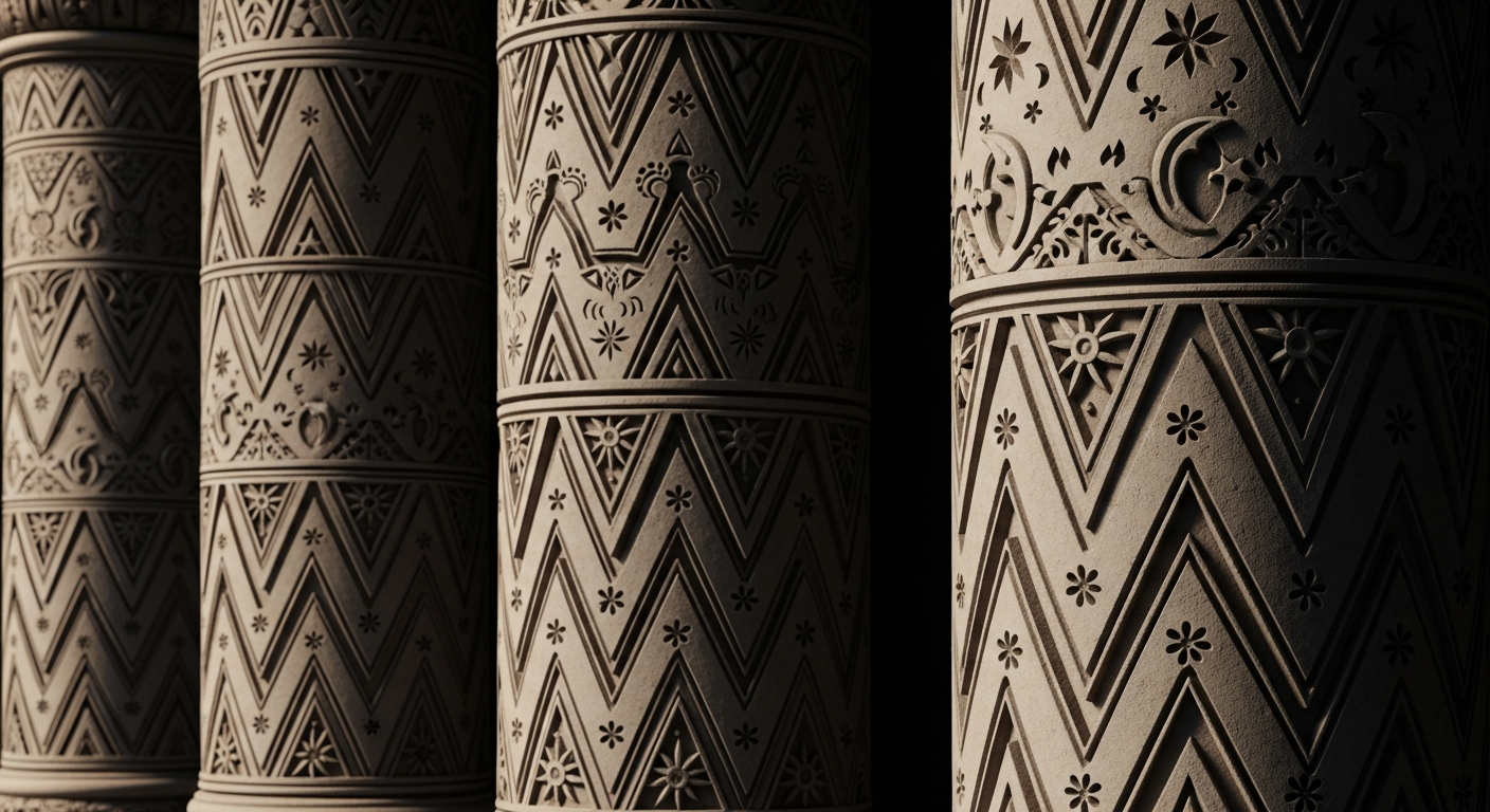 carved stone pillars Close-up of decorated stone pillars featuring carved V-shapes and celestial motifs, illuminated softly to reveal intricate details.