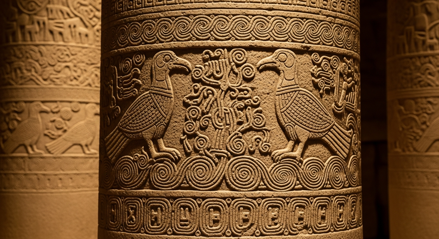 Close-up of ornately carved limestone pillars at Göbeklitepe, highlighting detailed animal reliefs and symbolic motifs, lit to emphasize craftsmanship and complex iconography