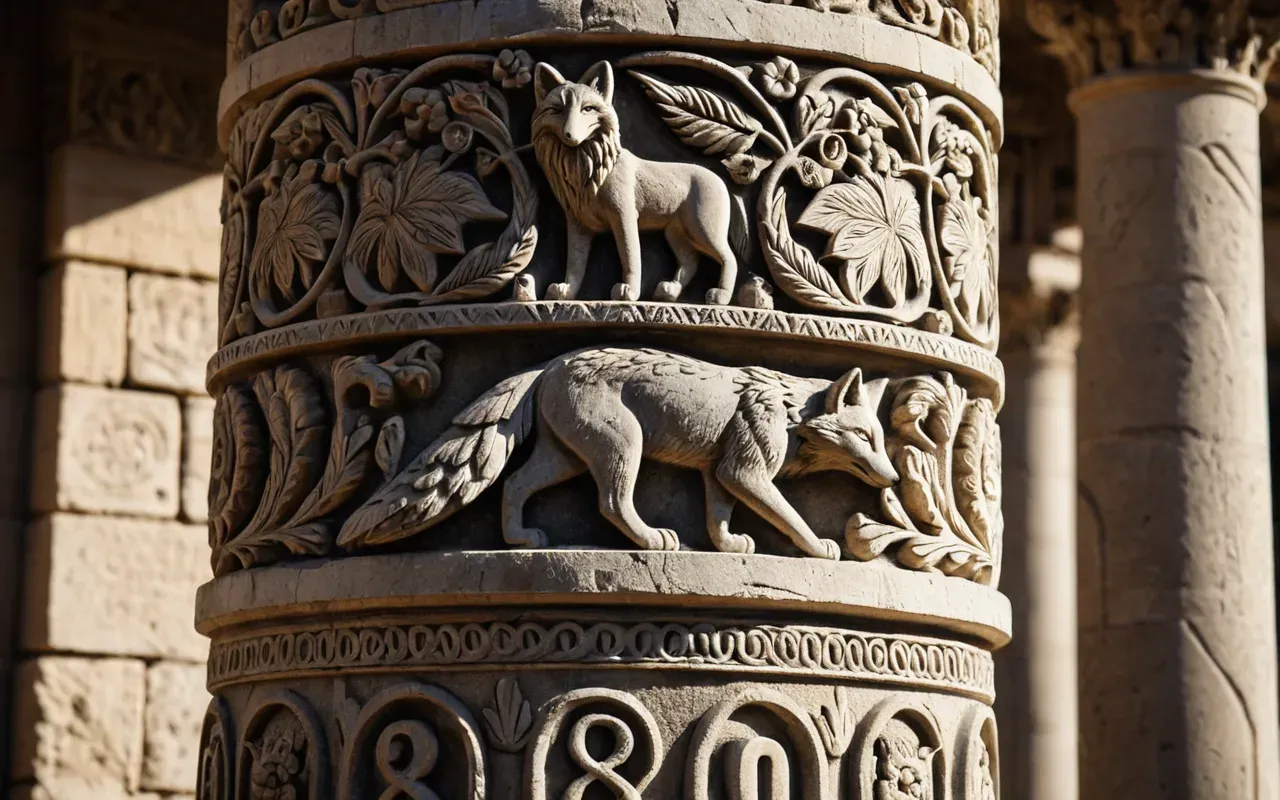 gobeklitepe carvings Close-up photograph of a carved limestone pillar featuring detailed animal reliefs of a fox and a vulture, natural sunlight highlighting the texture of the stone