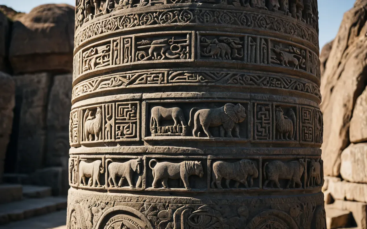 gobeklitepe pillars Close-up photograph of a large carved stone pillar with detailed animal reliefs, soft natural light highlighting the texture of the rock, realistic archaeological photography