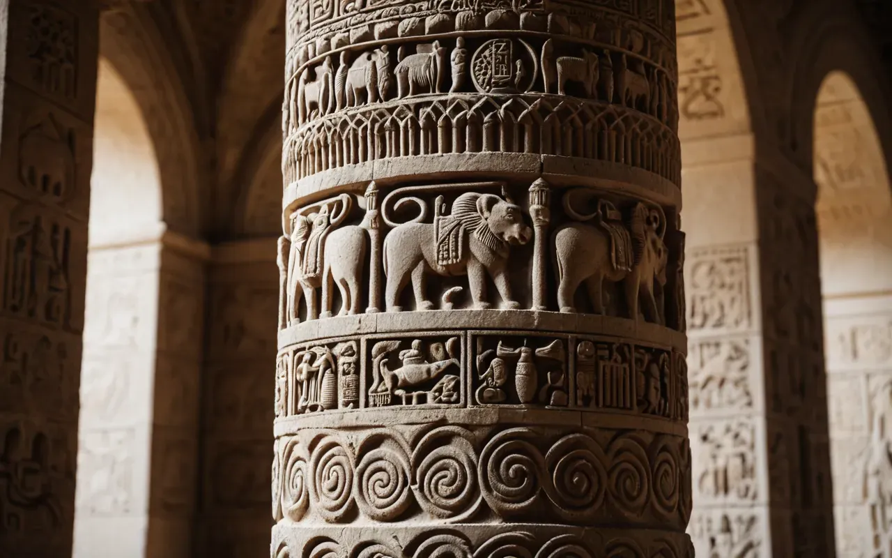 Close-up photograph of intricately carved limestone pillar showing detailed animal motifs and abstract patterns under controlled museum lighting conditions