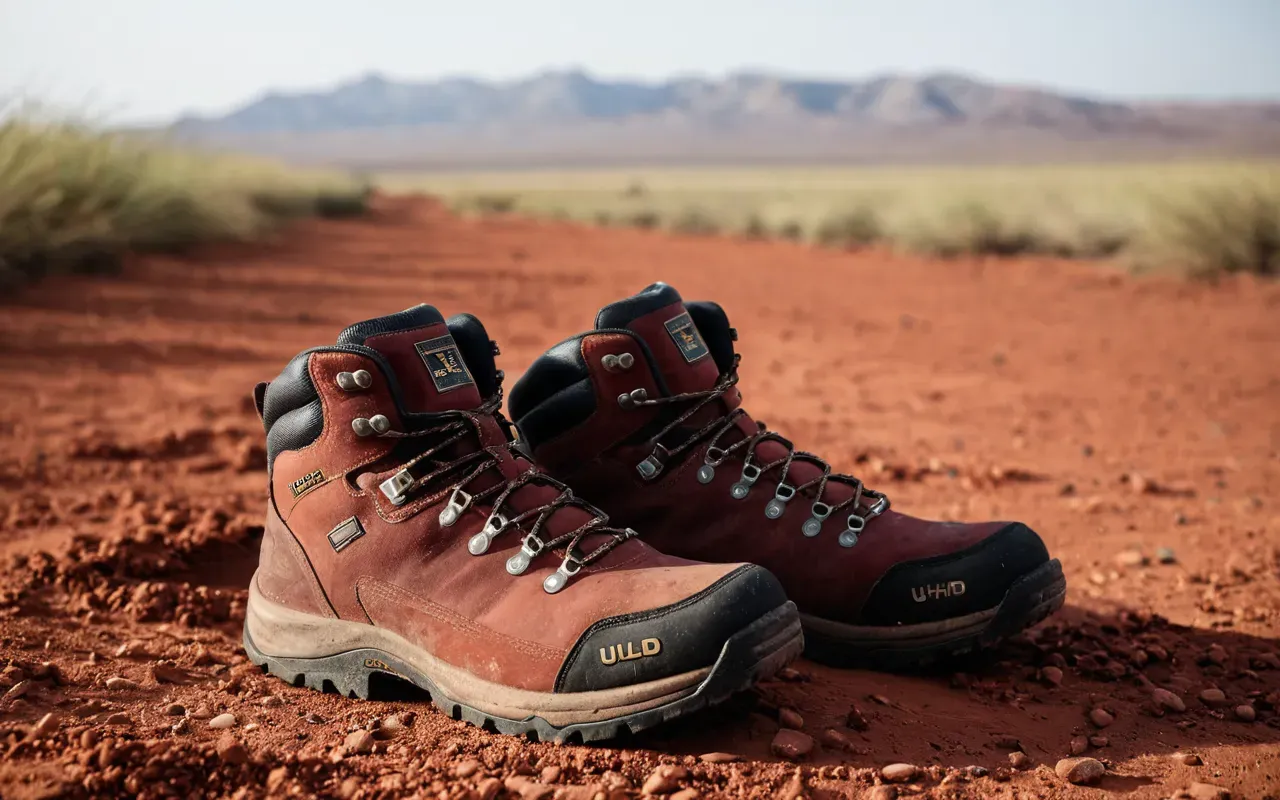 gobeklitepe hiking Close-up photograph of worn hiking boots on dusty red soil with a blurred background of dry grass and a clear horizon, natural daylight, realistic texture photography