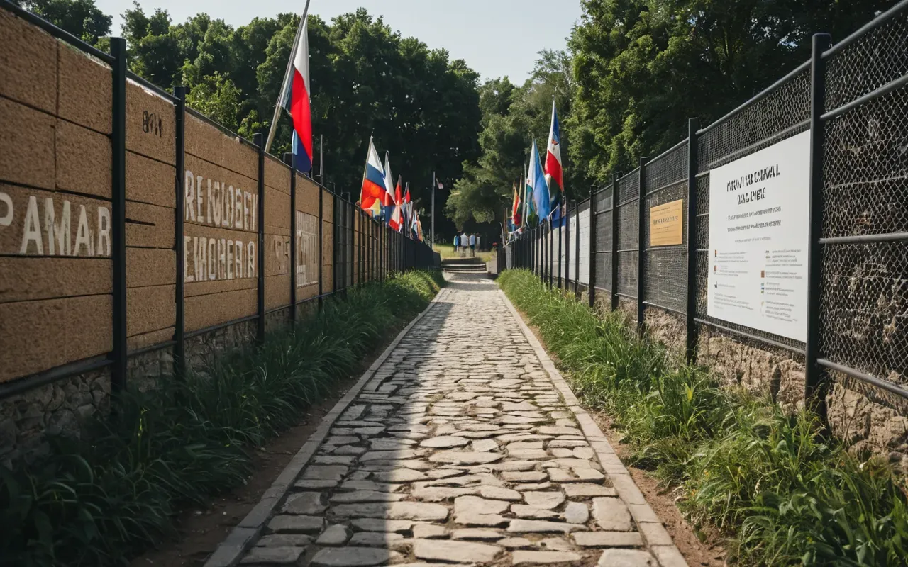 Contemporary outdoor museum entrance with clear pathways leading toward excavation area surrounded by protective fencing and informational displays under bright daylight