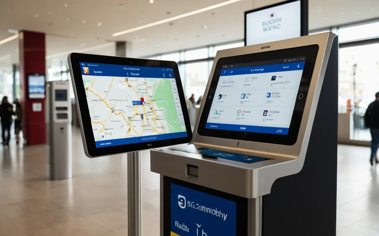 museum booking interface Editorial photograph of a clean modern ticket kiosk with a tablet screen displaying a museum booking interface in soft daylight