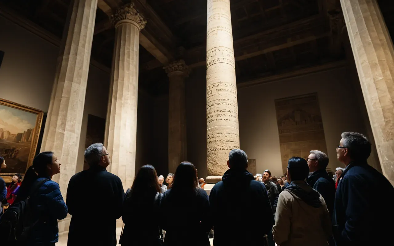 museum visitors stone pillar Editorial photograph of a diverse group of museum visitors looking up at a towering stone pillar replica in a dimly lit gallery space