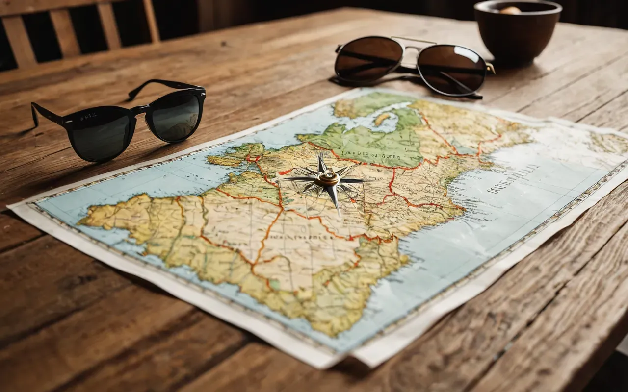 travel planning Editorial photograph of an open paper map on a wooden table with a compass and a pair of sunglasses resting nearby, soft natural light, shallow depth of field