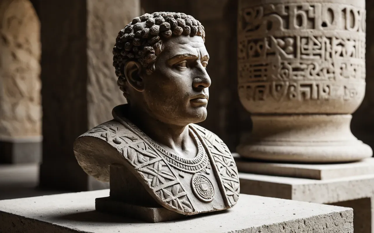 3D printed replica Editorial still life of a high-resolution 3D printed replica of a Neolithic human bust resting on a neutral concrete pedestal