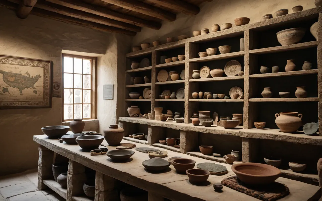 Interior museum gallery displaying reconstructed ancient living quarters with pottery fragments and stone tools arranged on modern shelving units under soft ambient lighting