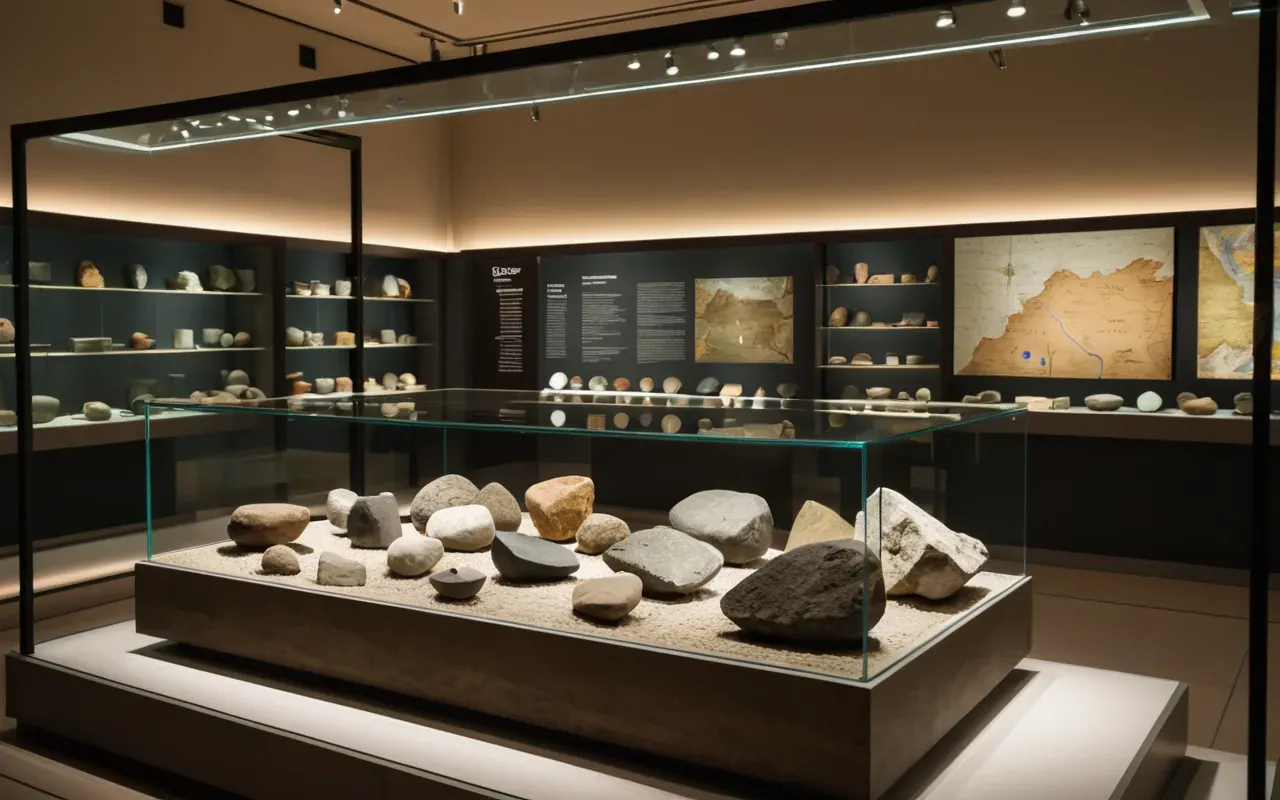 museum display Interior of a modern archaeological museum with glass display cases containing ancient stone tools and pottery, soft artificial lighting, clean neutral walls