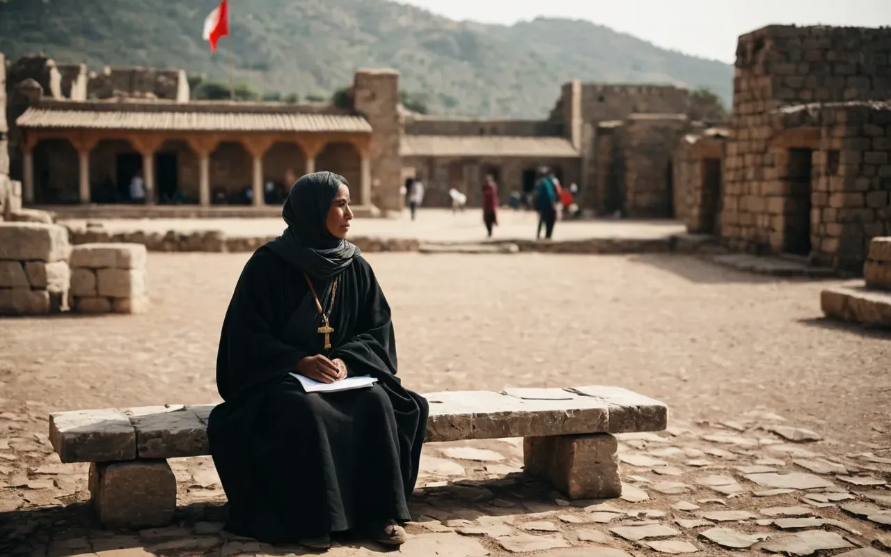 gobeklitepe contemplation Medium shot of a person sitting quietly on a stone bench in a dry outdoor area with ancient stone structures in the blurred background, warm afternoon light, contemplative mood