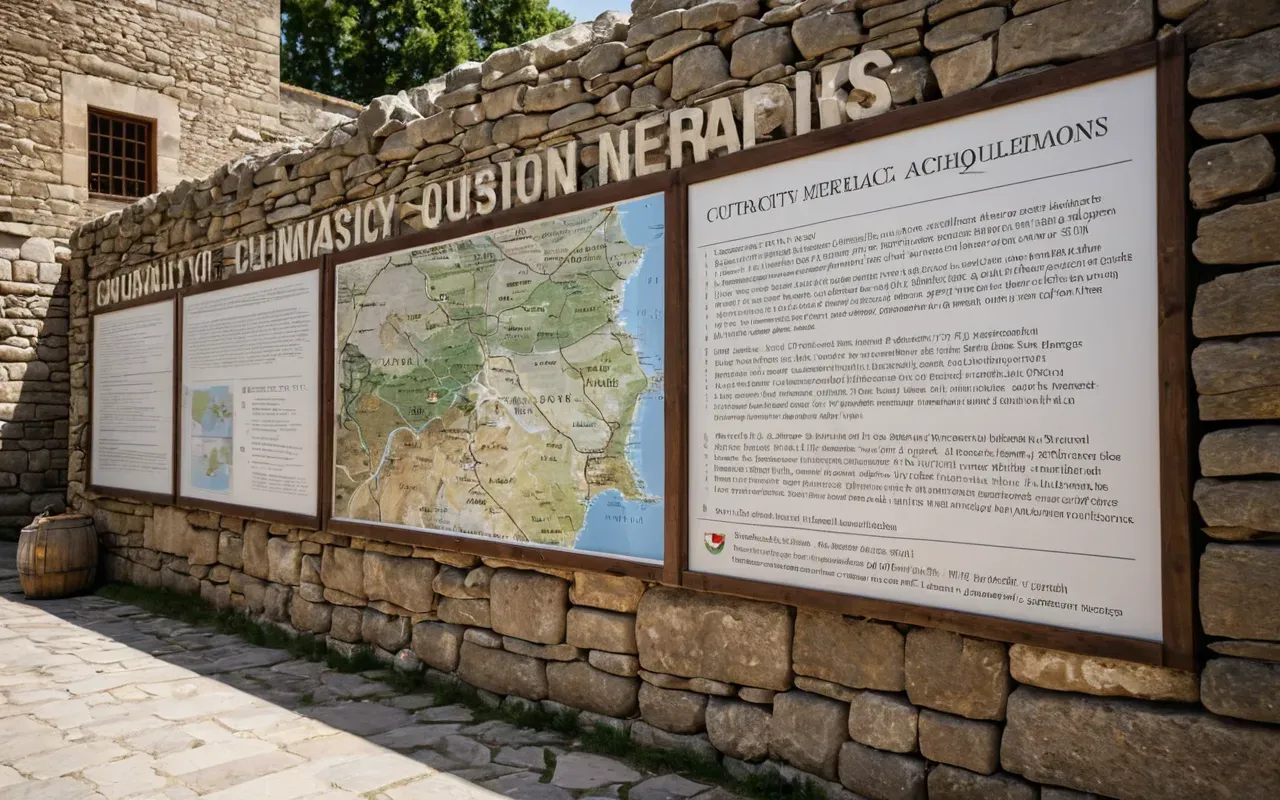 Modern outdoor archaeological exhibition space featuring reconstructed stone walls and informational panels set against backdrop of rolling hills under clear blue sky
