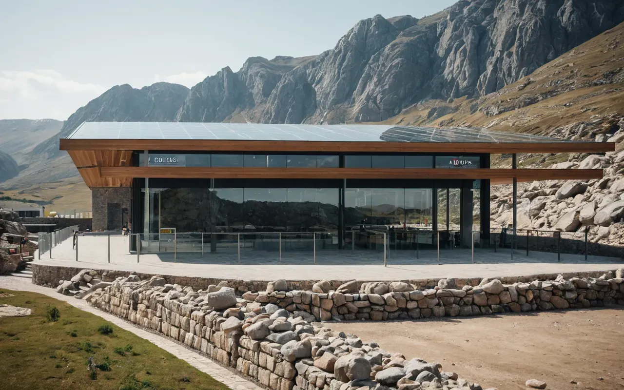 Panoramic view of a modern visitor center with a glass facade overlooking a rocky archaeological site with protective roofs over excavation areas, bright daylight photography