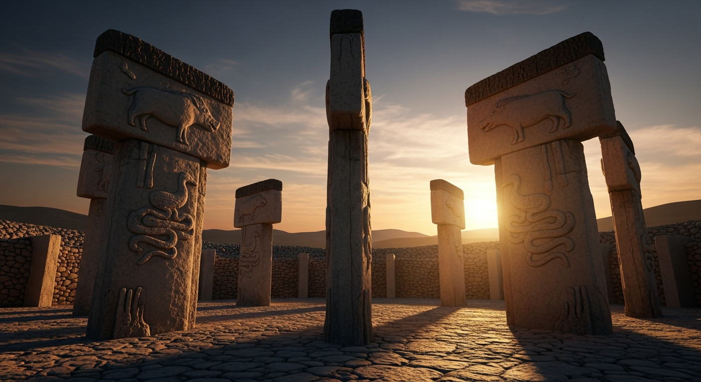 Photograph of a reconstructed view of Göbeklitepe with its towering carved pillars, dramatic lighting highlighting the intricate reliefs and circular layout, capturing the monumentality and sophistication of the site