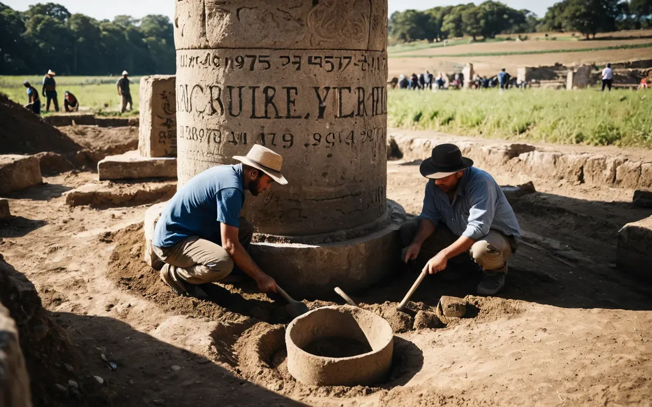 gobeklitepe excavation Photograph of archaeologists carefully brushing dirt from a large stone pillar in a sunny outdoor excavation site, wearing hats and field gear
