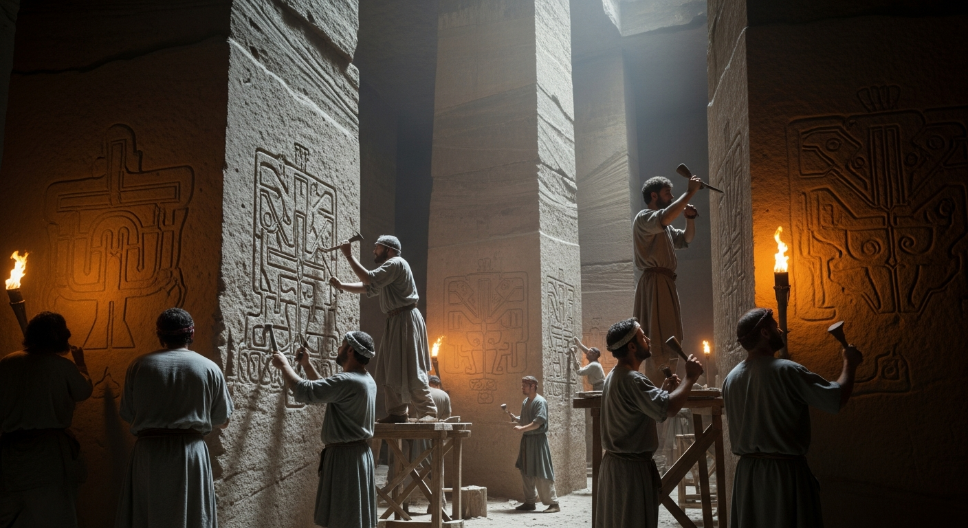 prehistoric artisans Photorealistic reconstruction of ancient artisans carving symbols into massive stone pillars using primitive tools, in a well-lit archaeological reconstruction setting