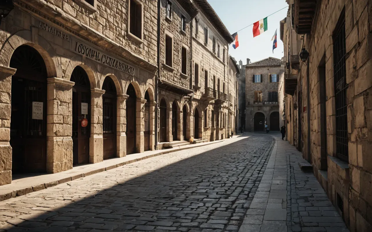 sanliurfa city Street level photograph of a historic city center with stone buildings and narrow streets, warm sunlight casting long shadows, no people visible