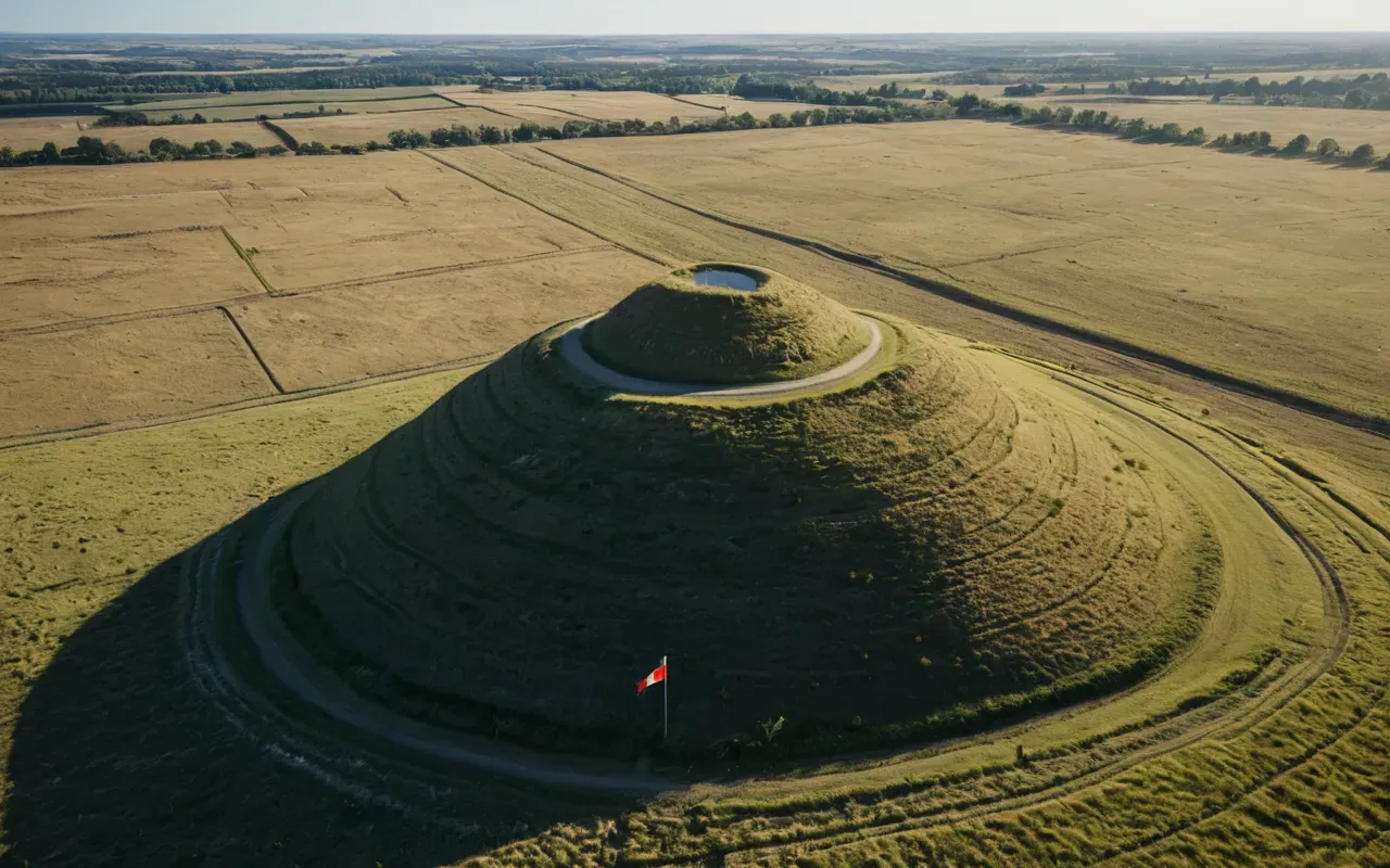 gobeklitepe landscape Wide aerial photograph of a small hill rising above a flat dry grassland under a clear blue sky, soft morning light casting long shadows across the terrain, realistic landscape photography