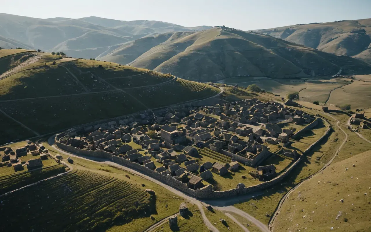 karahan tepe landscape Wide aerial view of a hilly landscape with multiple stone structures scattered across the terrain, soft morning light, clear sky, no text or signs