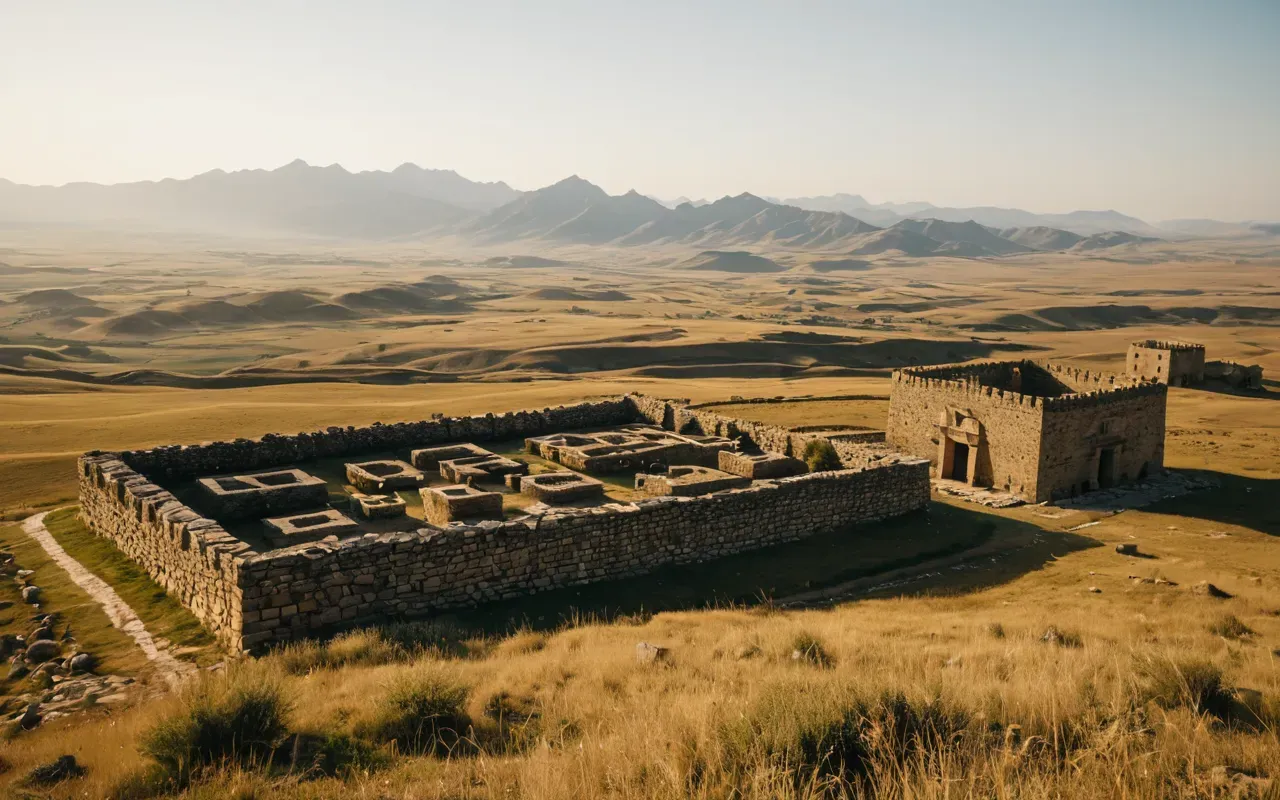 Wide landscape shot showing elevated ancient stone structures overlooking vast plains with distant mountains under golden afternoon light