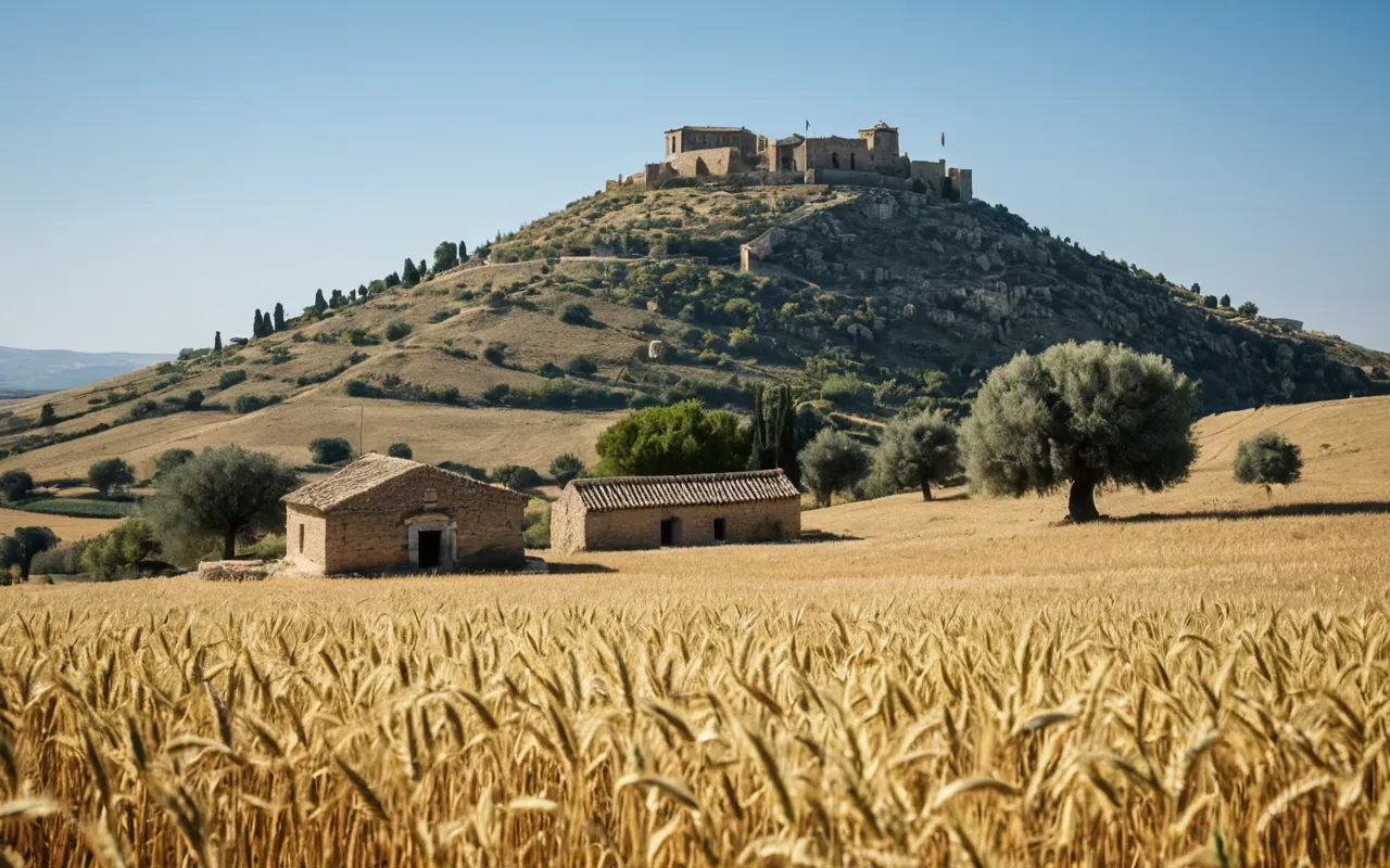 gobeklitepe landscape Wide photograph of a dry rugged hilltop with ancient stone structures under a bright blue sky, surrounded by fields of wheat and olive trees, natural daylight