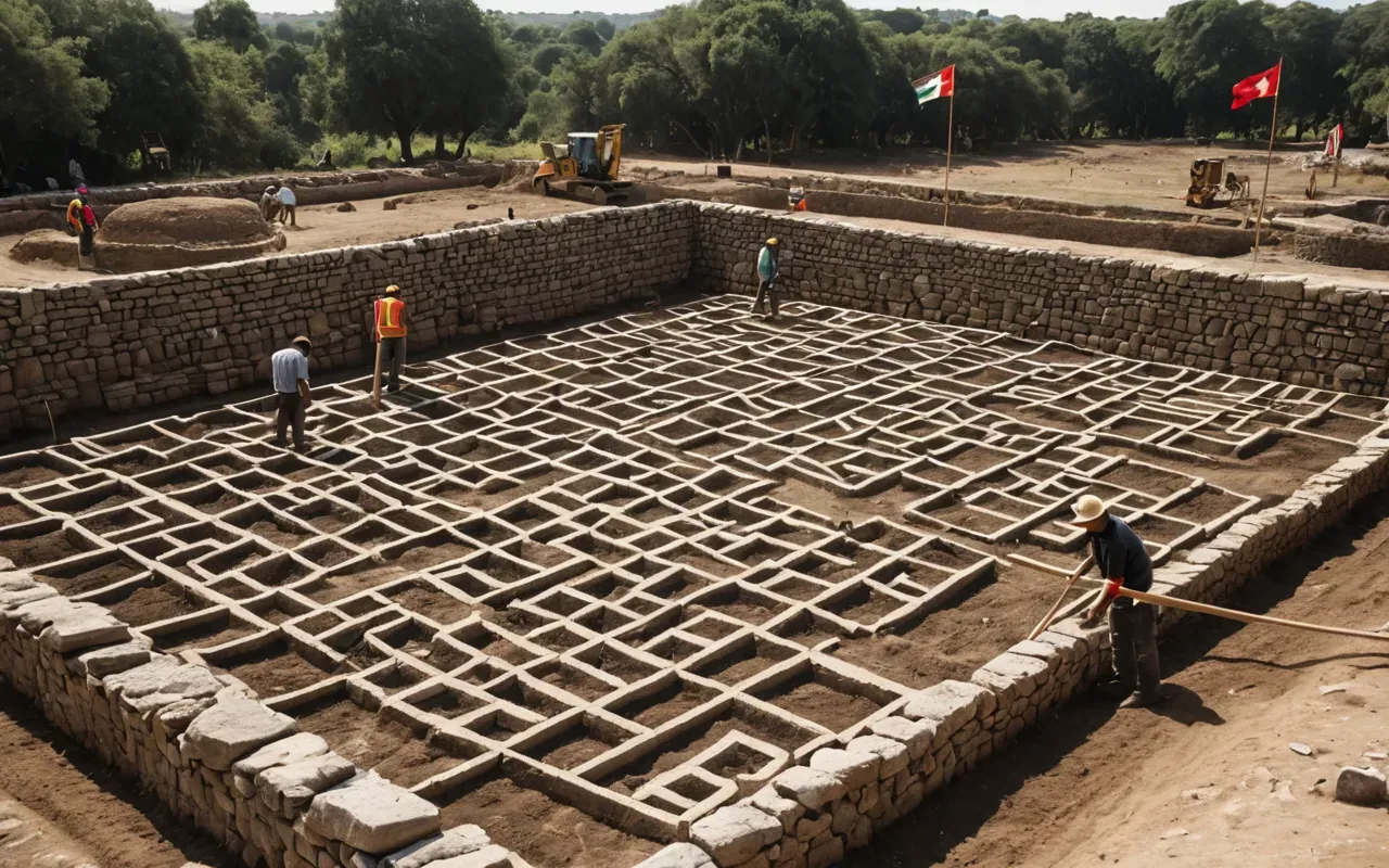 Wide shot of a modern archaeological excavation site with grid lines, wooden stakes, and workers carefully brushing dirt from ancient stone foundations under bright daylight