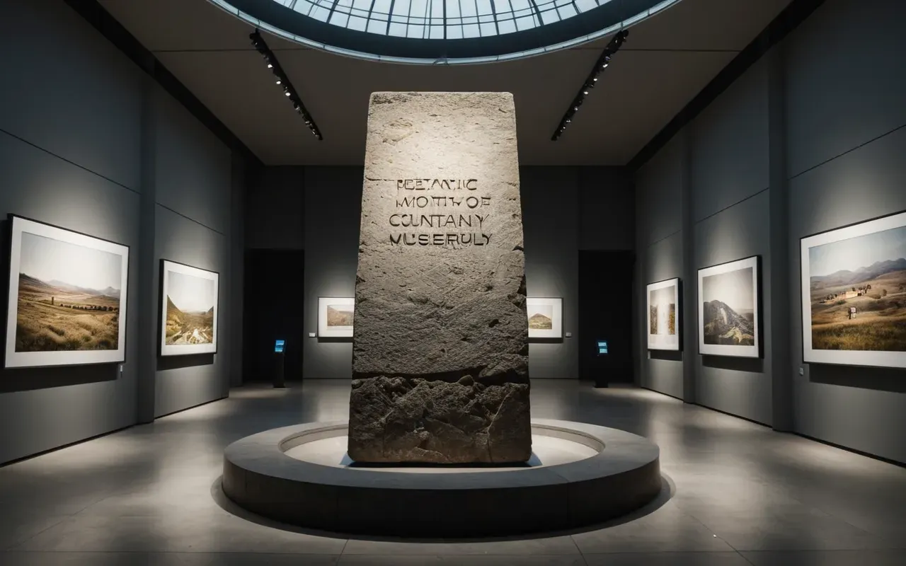 museum gallery stone monoliths Wide shot of a modern minimalist museum gallery with large stone monolith replicas arranged in a circle under dramatic overhead lighting