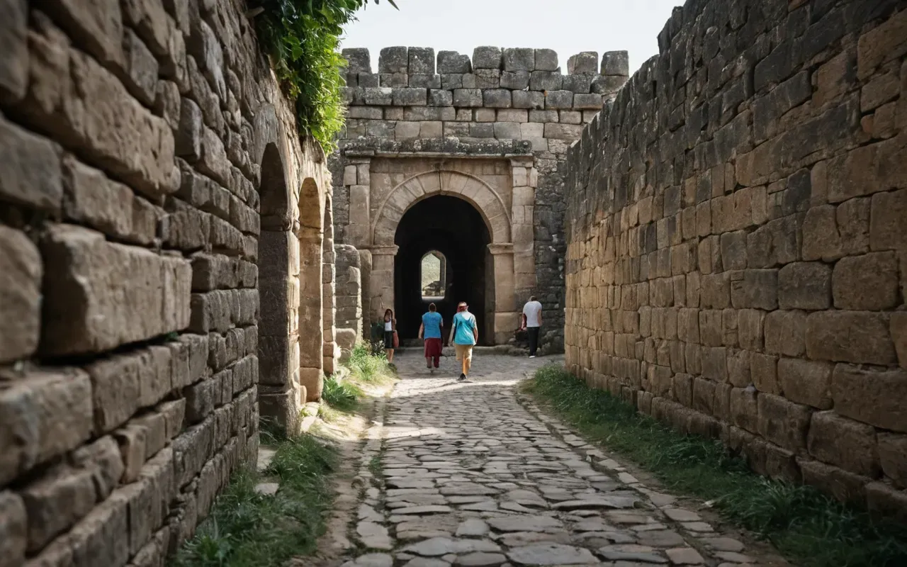 mass tourism impact heritage sites A blurred motion shot of tourists walking along a path in an ancient site with focus on the weathered texture of old stone walls in the background.
