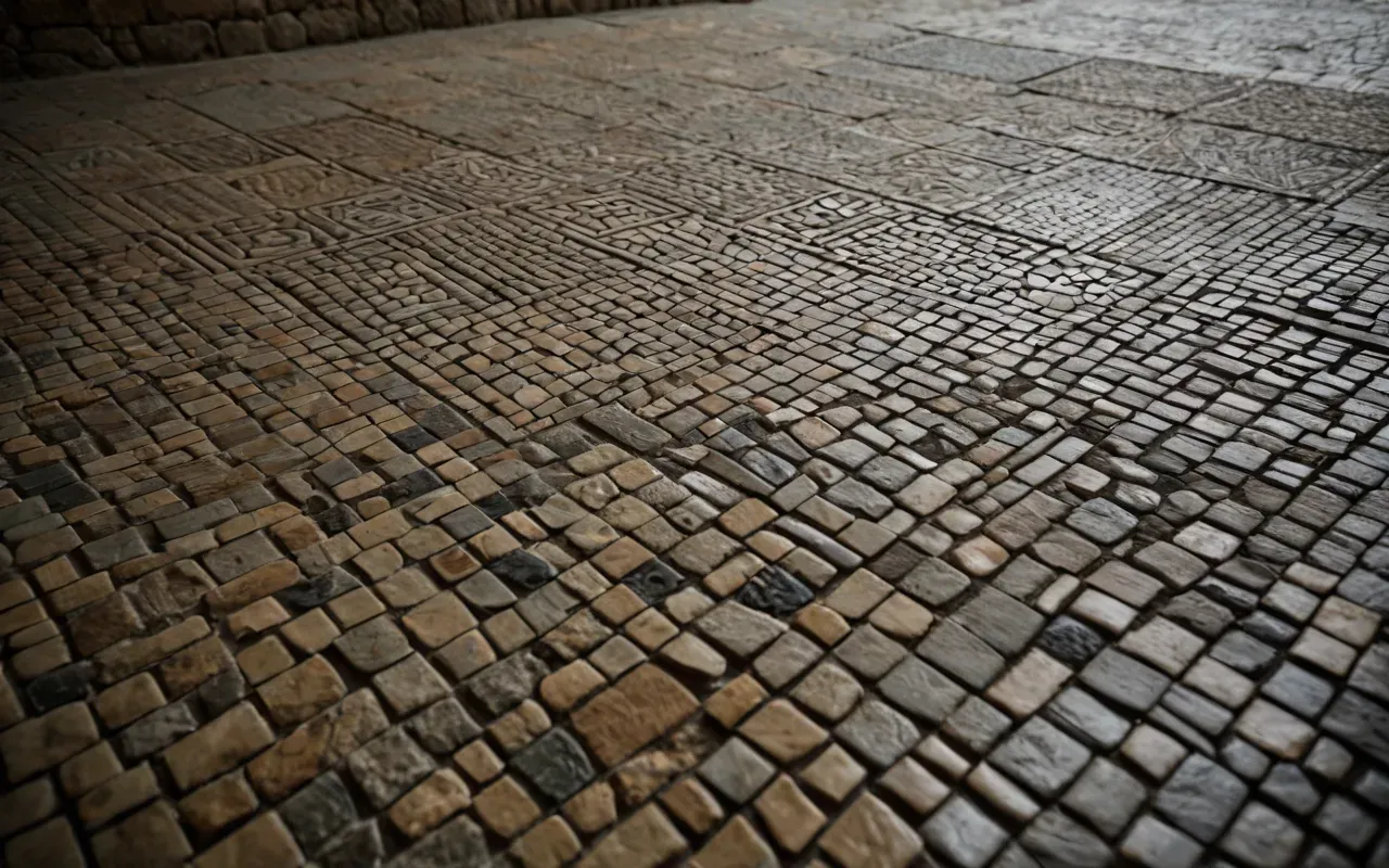 ancient mosaic art details A close-up detail shot of an intricate ancient stone mosaic floor featuring geometric patterns and animal figures. The stones are worn smooth by time with soft natural light highlighting the texture.