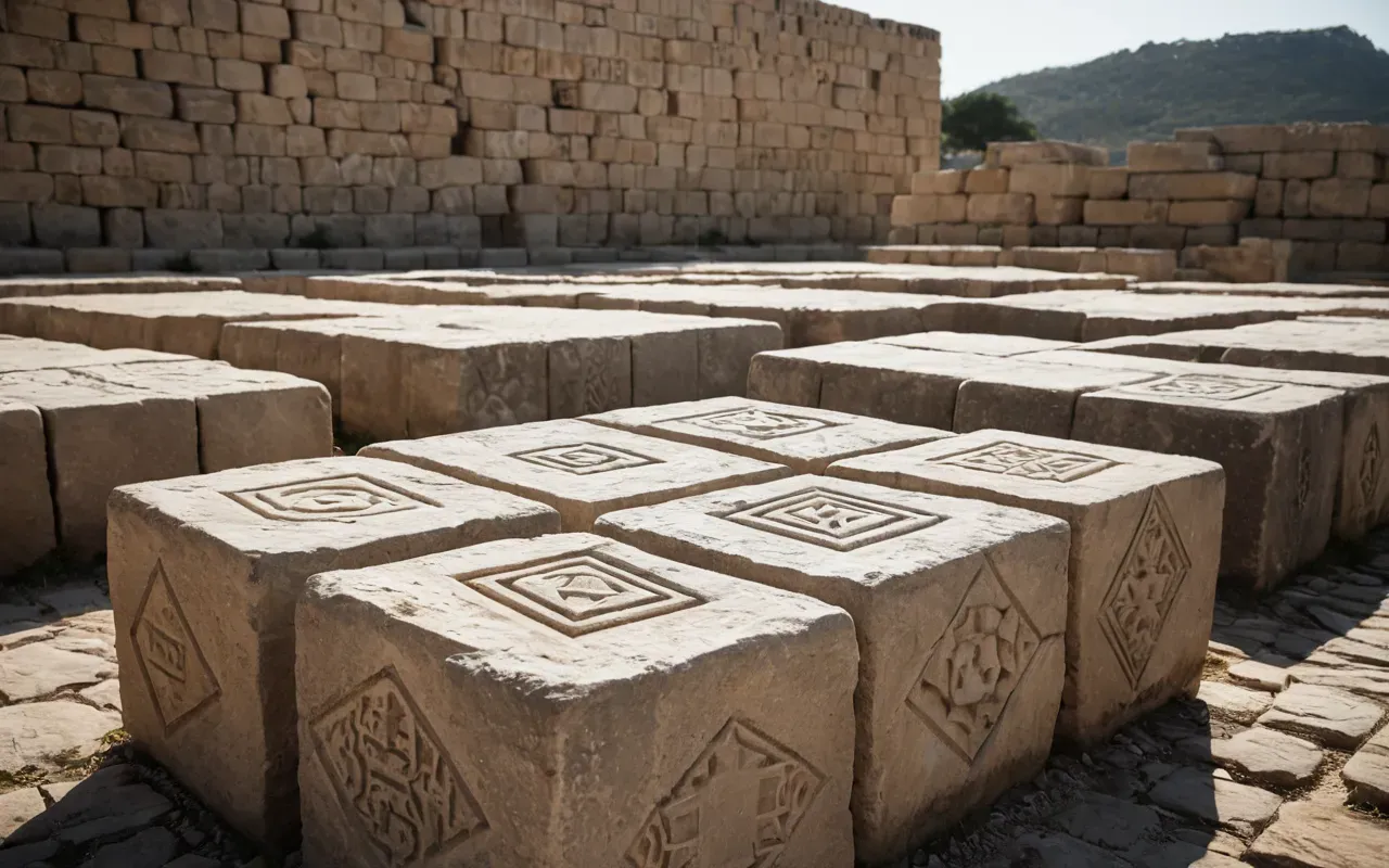carved limestone A close up ground level shot of weathered limestone blocks with carved geometric patterns and faint animal shapes, illuminated by soft morning light, surrounded by natural soil and small pebbles, completely free of text or modern artifacts.