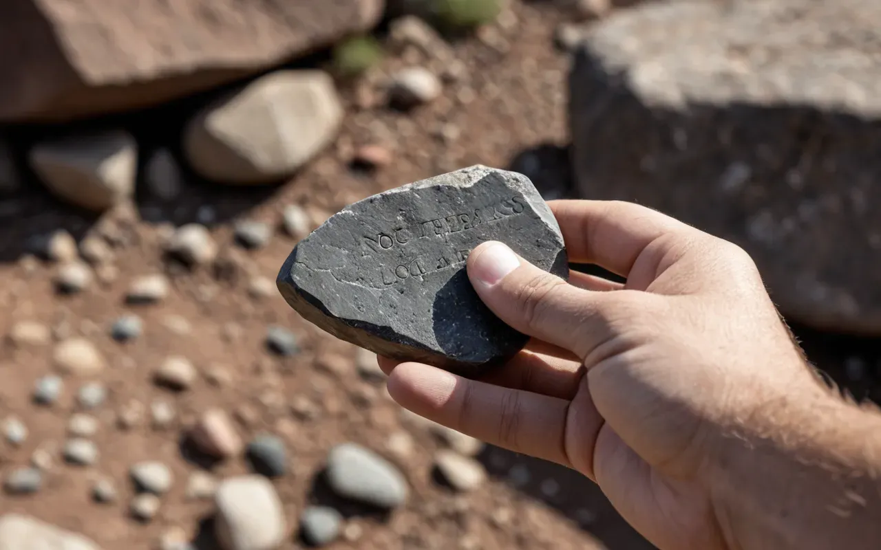 Paleolithic lithics A close up of a human hand holding a sharp flint stone tool against a background of blurred earth and rocks under natural daylight with no visible writing or symbols.