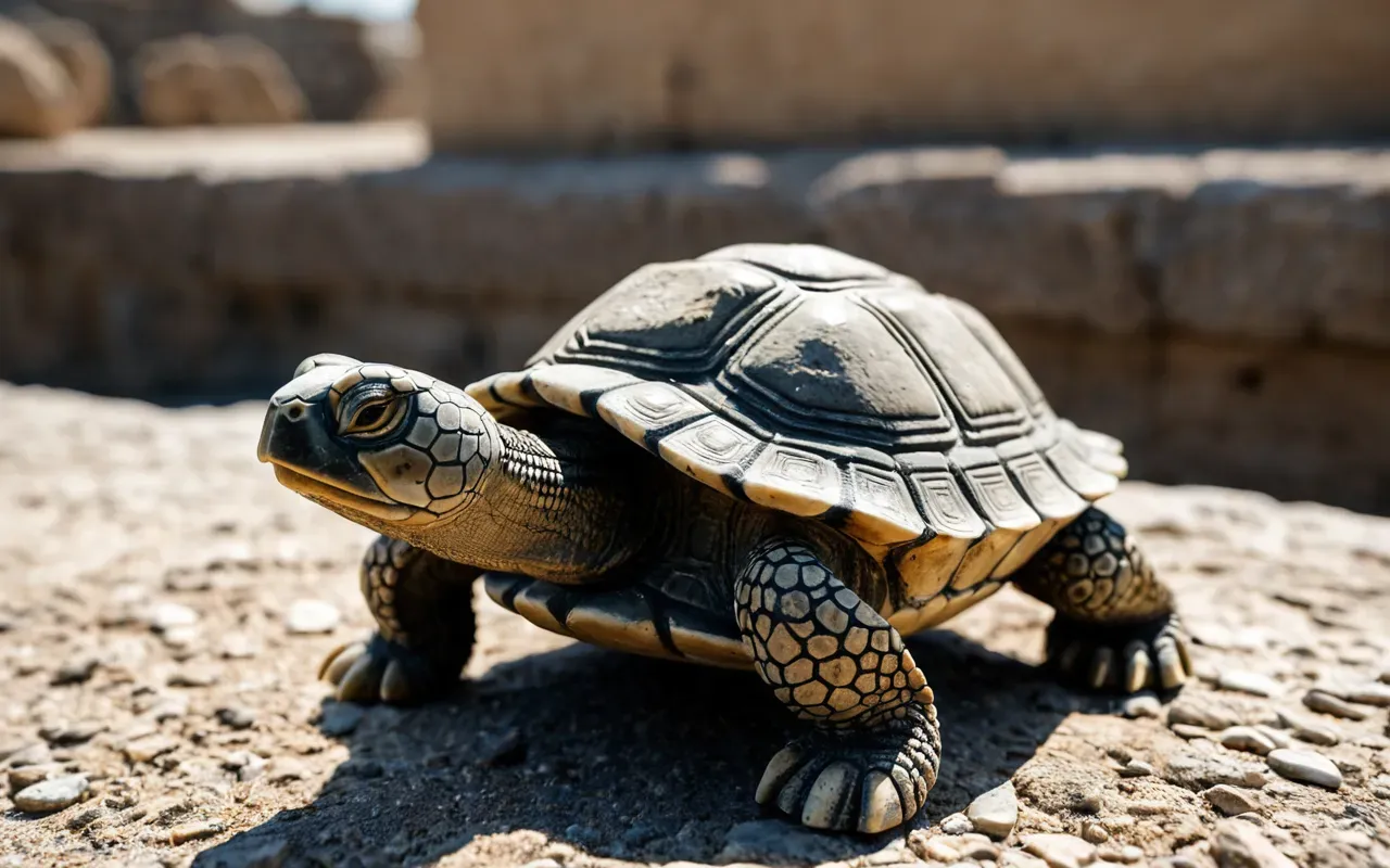 A close-up of a limestone turtle figurine with rough edges and clay patches. Natural light highlights its texture.