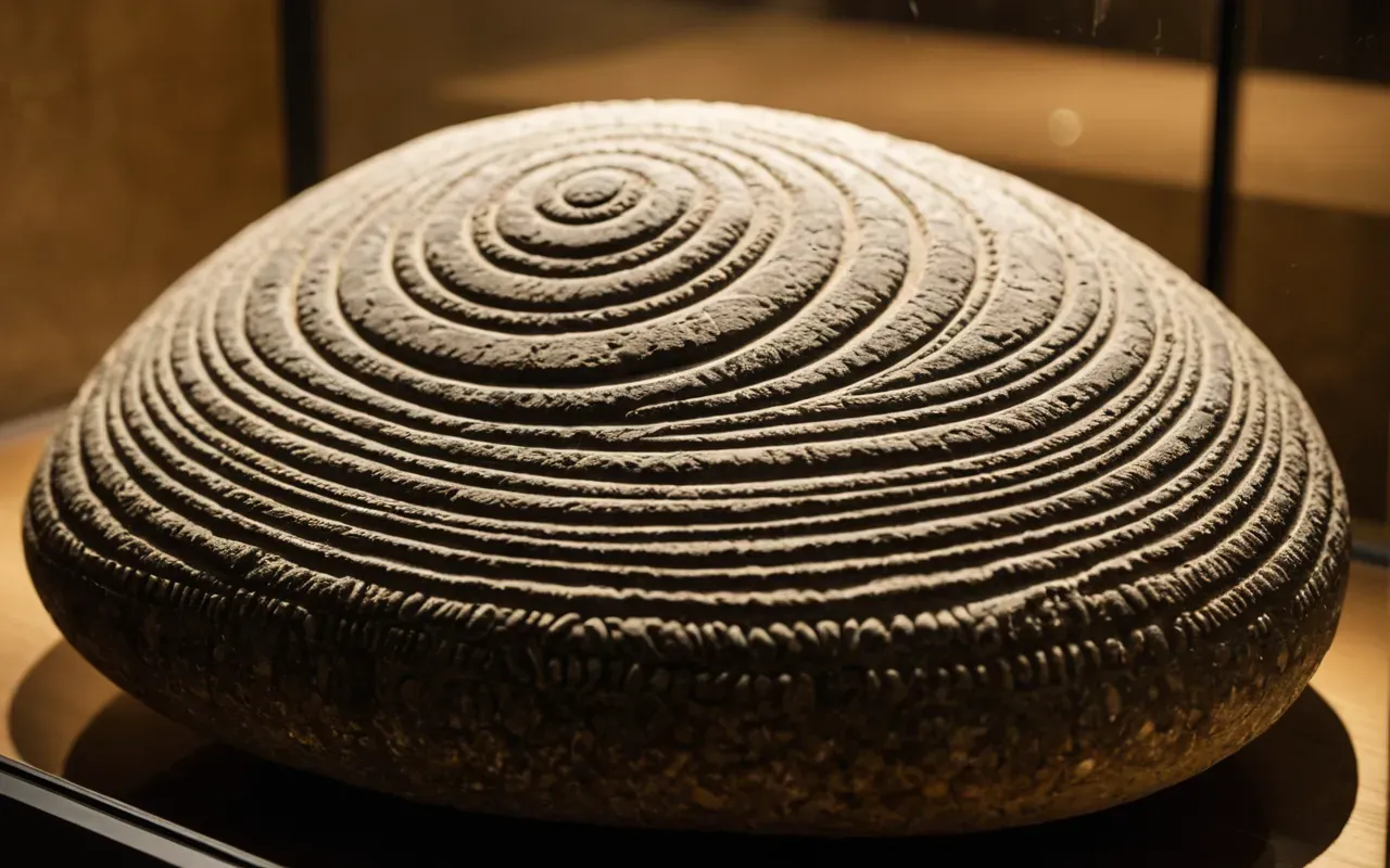 engraved turtle symbolism artifacts A close-up of a rough engraved stone surface with curved lines resembling shell patterns under warm artificial light in a museum display case.