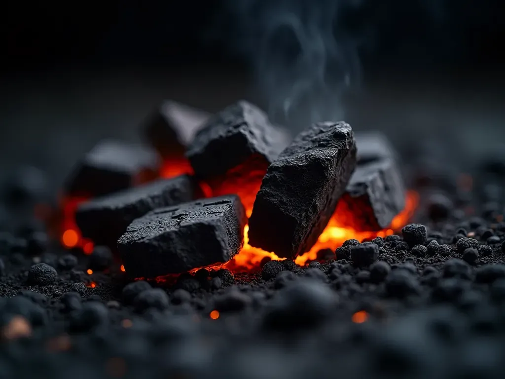 A close-up of ancient charcoal fragments glowing with faint embers against a dark, textured background, highlighting the porous structure of the wood and the intricate patterns within the carbonized material.