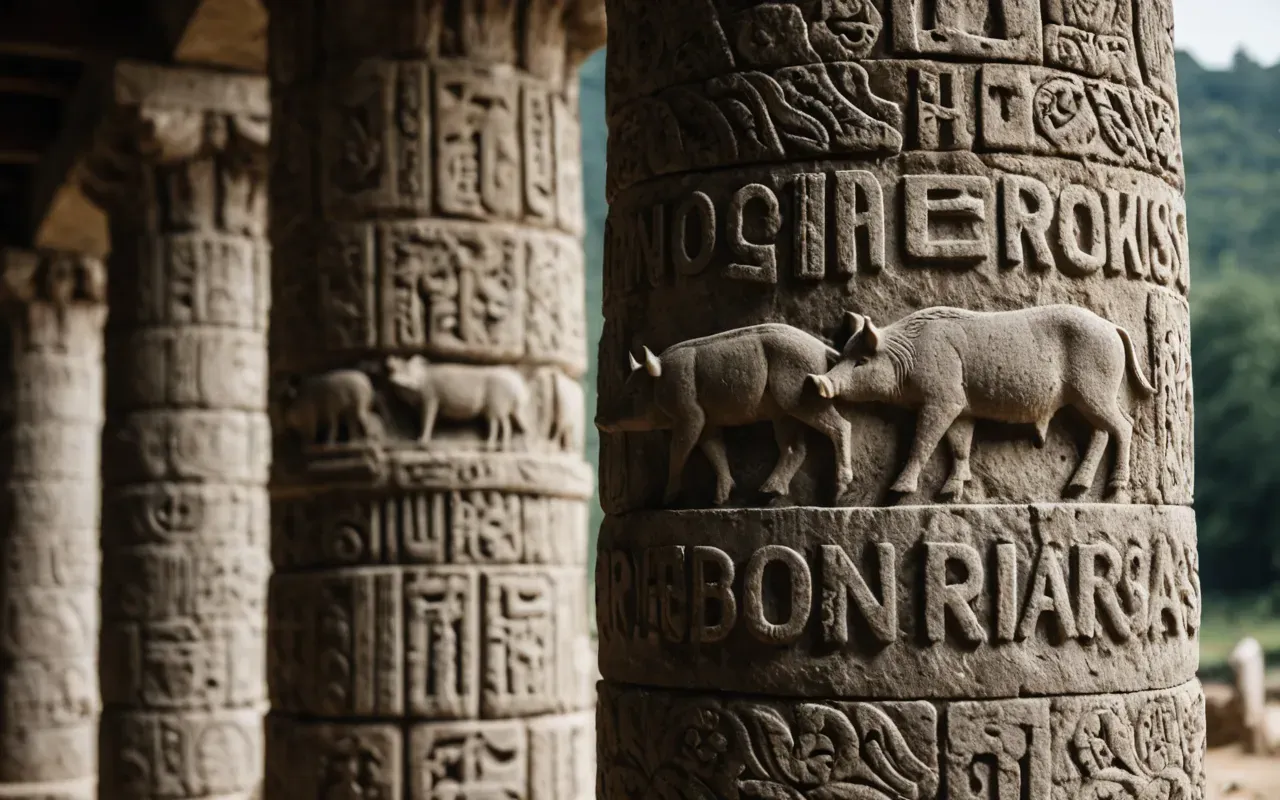 animal relief carvings A close-up of rough-hewn limestone pillars with animal reliefs carved into the surface showing wild boars and birds.