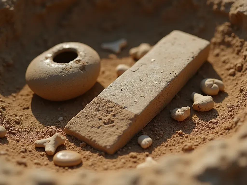 A close-up of weathered stone tools resting on a layer of compacted earth. A grinding stone with residue sits next to a small ceramic pot and scattered bone fragments. The lighting is natural, highlighting the texture of the ancient materials.