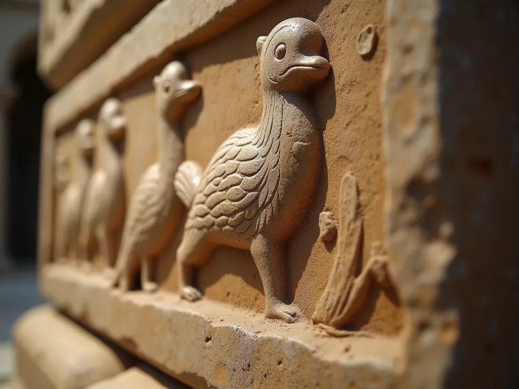 A close-up photo of a carved limestone surface showing detailed relief of an ancient bird or animal. The texture is rough and illuminated by soft museum spotlights.